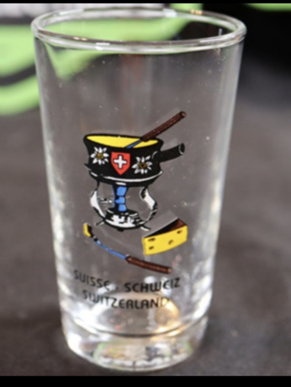 Vintage & Unique Switzerland Souvenir 3” Shot Glass with Fondue and Cheese Image
